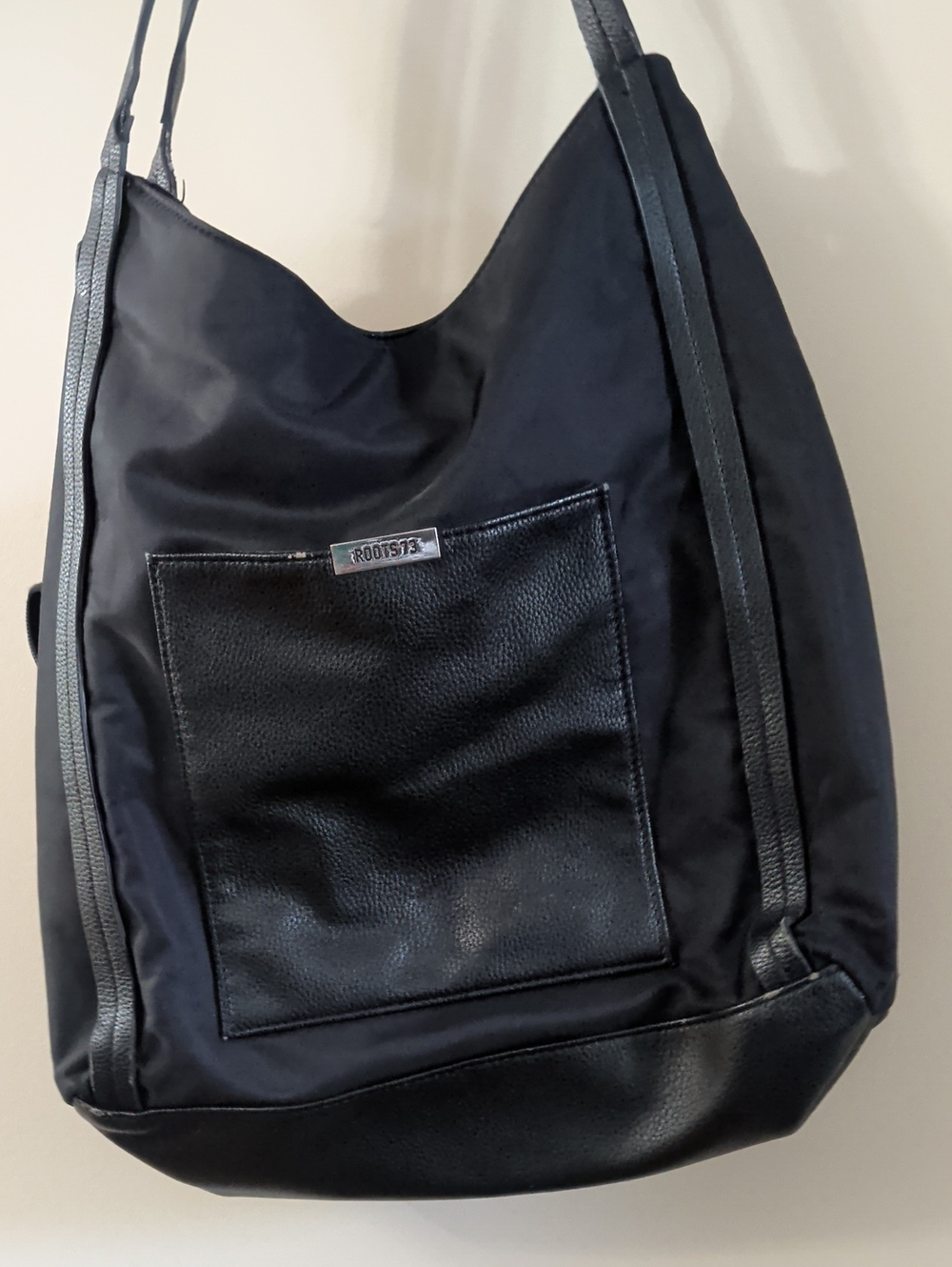 Roots Black Nylon Shoulder Bag with Black Leather Trim